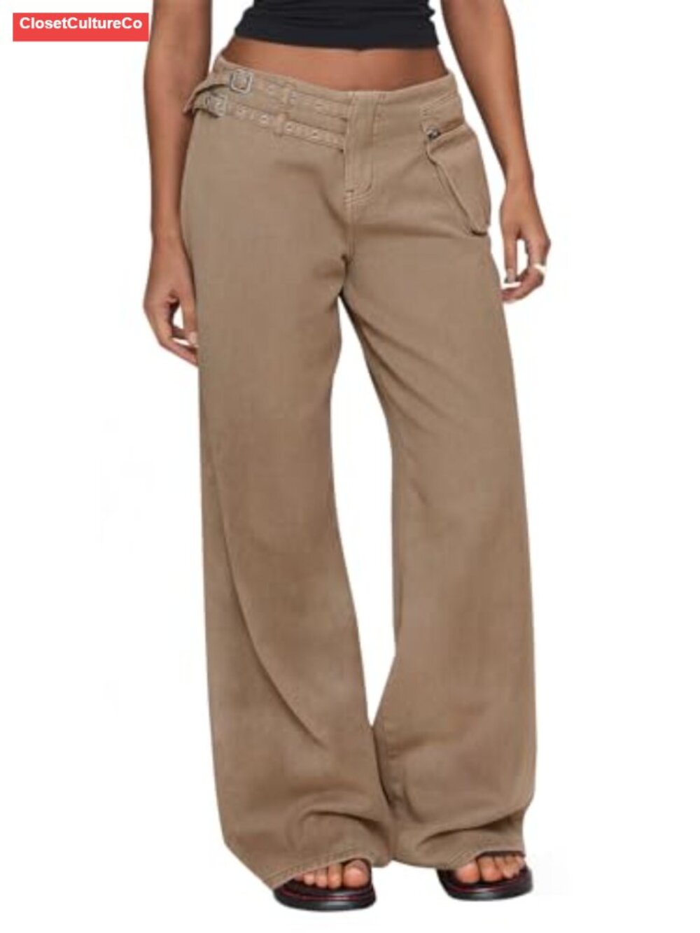 100% Cotton Low Rise Wide Leg Cargo Jeans Buckle Detail Pockets